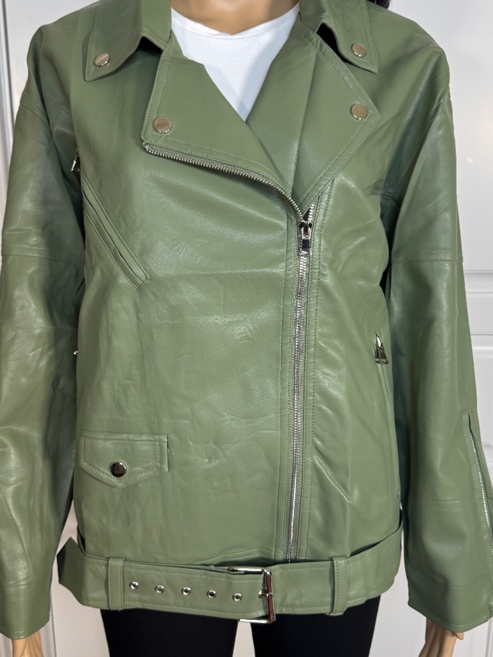 OLIVE GREEN ZIP UP FAUX LEATHER JACKET SIZE S/M - NWOT - Picture 8 of 16